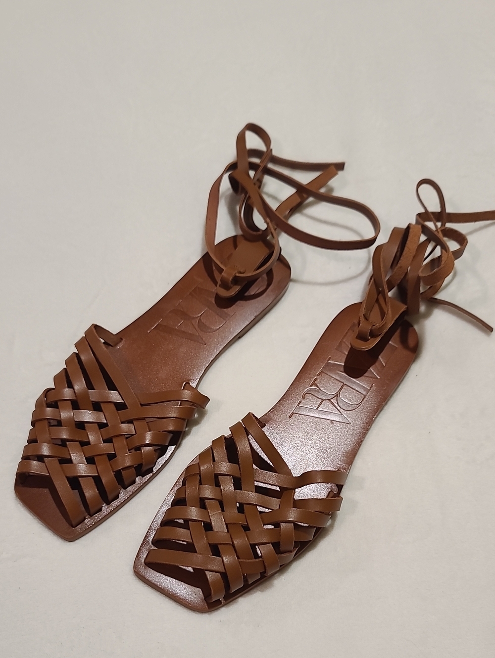 Zara Brown Woven Leather Lace-Up Sandals